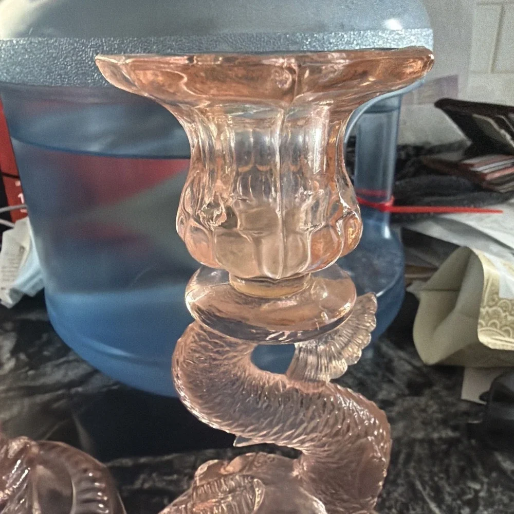 Vintage Pair Pink Glass‎ Candlesticks Koi Fish Design Collectible Rare